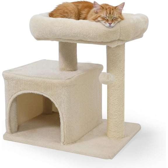 BarefHaven Small Cat Tree for Indoor Cats, Cat Tower with Sisal Scratching Posts, Hanging Pompom, Cat Condo with Large Padded Plush Perch for Small Spaces, Kittens (Beige)