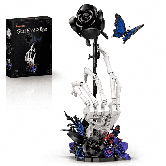 Skeleton Hand with Black Rose Building Set, 2-in-1 Movable Gothic Skull Flower Building Kit, 453Pcs Dark Tabletop Decor Gift for Adults