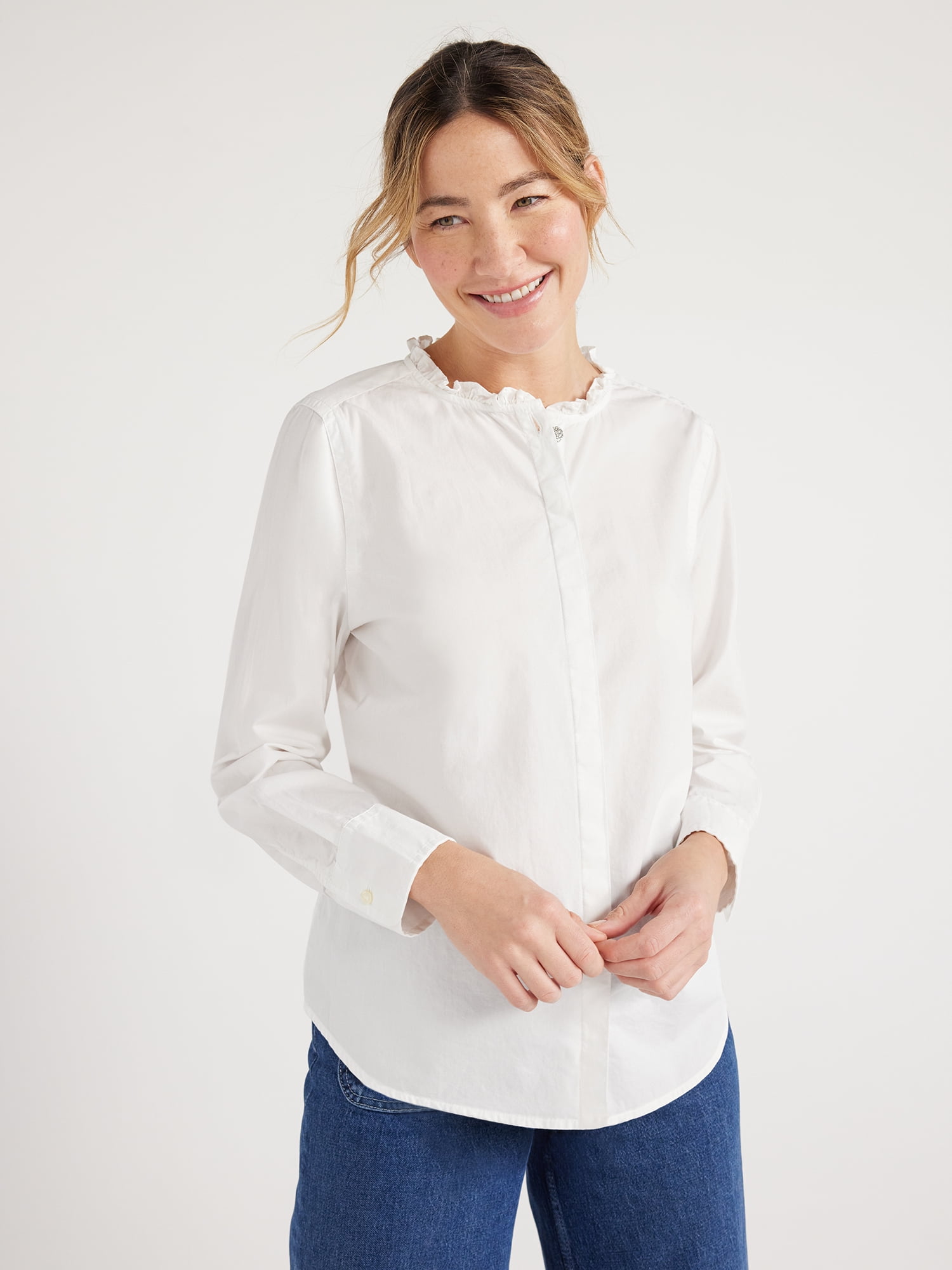 Free Assembly Women's Ruffle Neck Long Sleeve Shirt, XS-XXL