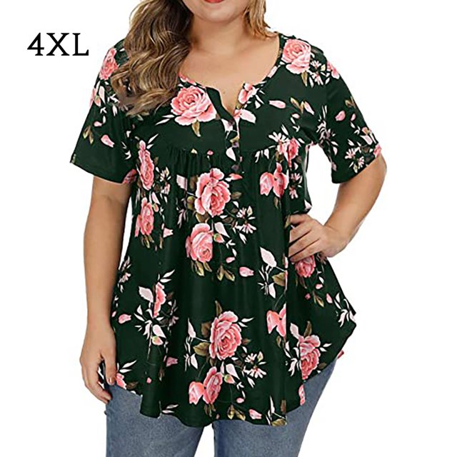Camisa de mujer Camiseta de manga corta con estampado floral Blusa con cuello en V, Verde militar, 4XL tholdsy AP002466-47