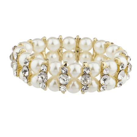 2 Row Stretch Bracelet - Lux Accessories Gold Tone Faux Pearl Crystal Rhinestone Two Row Stretch Bracelet