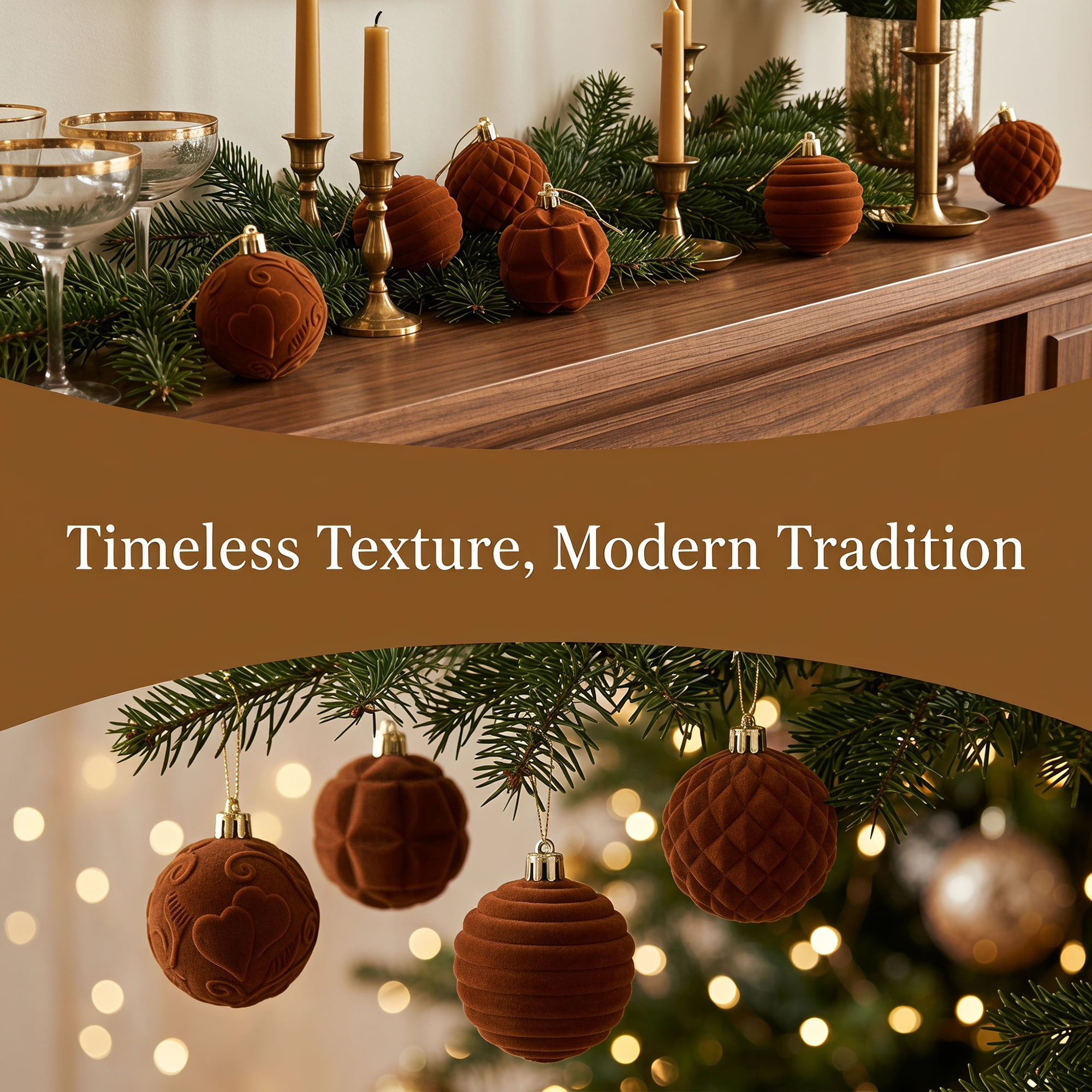 Unique Bargains Velvet Christmas 12 Pack Flocked Sphere Orbs Luxury Ornaments Bronze 2.4"
