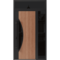 Front Exterior Prehung Steel Door / Ronex 1077 Teak / Side and Top Exterior Window Sidelite / Entry Metal Modern Painted W36 14" x H80 16" Right hand Inswing