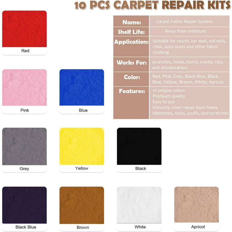 SEISSO Carpet Repair Kit, 10 Colors Fabric Carpet Repair Sofa Car Seat  Fixing Small Burn Mark Hole Tear Cut Damage Recovery