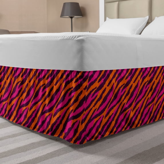 Safari Bed Skirt, Colorful Animal Print Paintbrush Drawn Like Stripes and Strokes Pattern, Elastic Bedskirt Dust Ruffle Wrap Around for Bedding Decor, 4 Sizes, Plum Orange and Pink, by Ambesonne
