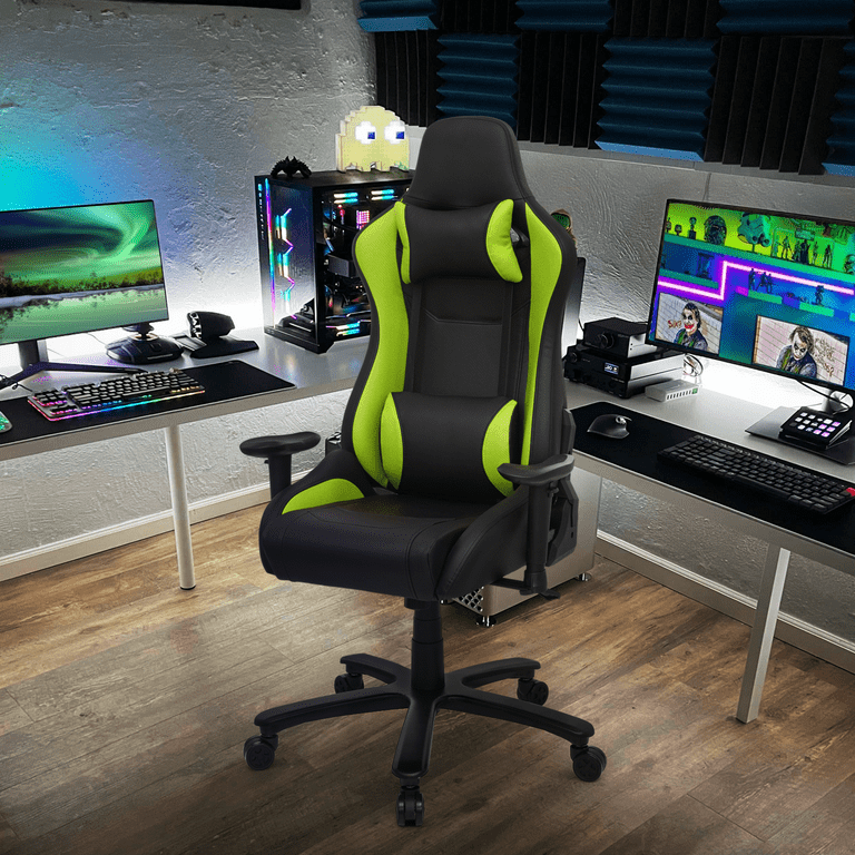 MoNiBloom Gaming Chair PU Leather with Lumbar Support and Armrests Adult Gamer Ergonomic Reclining Chair for Home Office Green