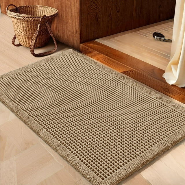 Waffle Bath Mat Beige 24"x17", Boho Woven Modern Bathroom Rug Mat, Absorbent Non Slip Bathroom Floor Mat, Soft Washable Bath Rugs with Tassels for Bathroom, Bedroom, Kitchen, Shower, Tub