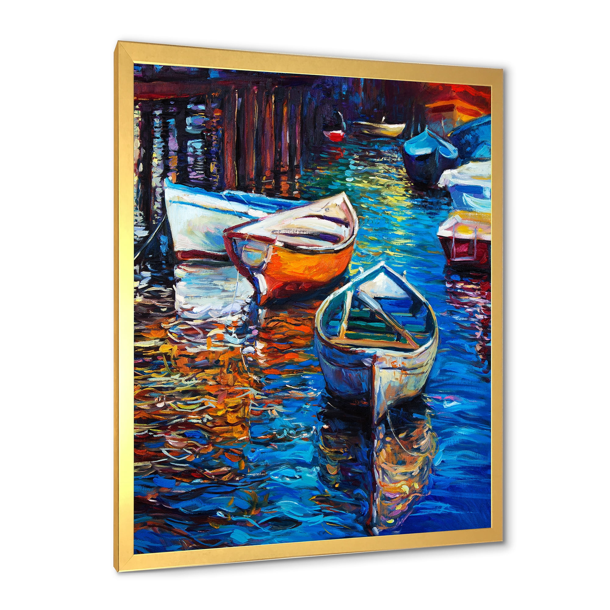 Boats During Warm Sunset Resting On The Water X 24 in x 32 in Framed Painting Canvas Art Print, by Designart