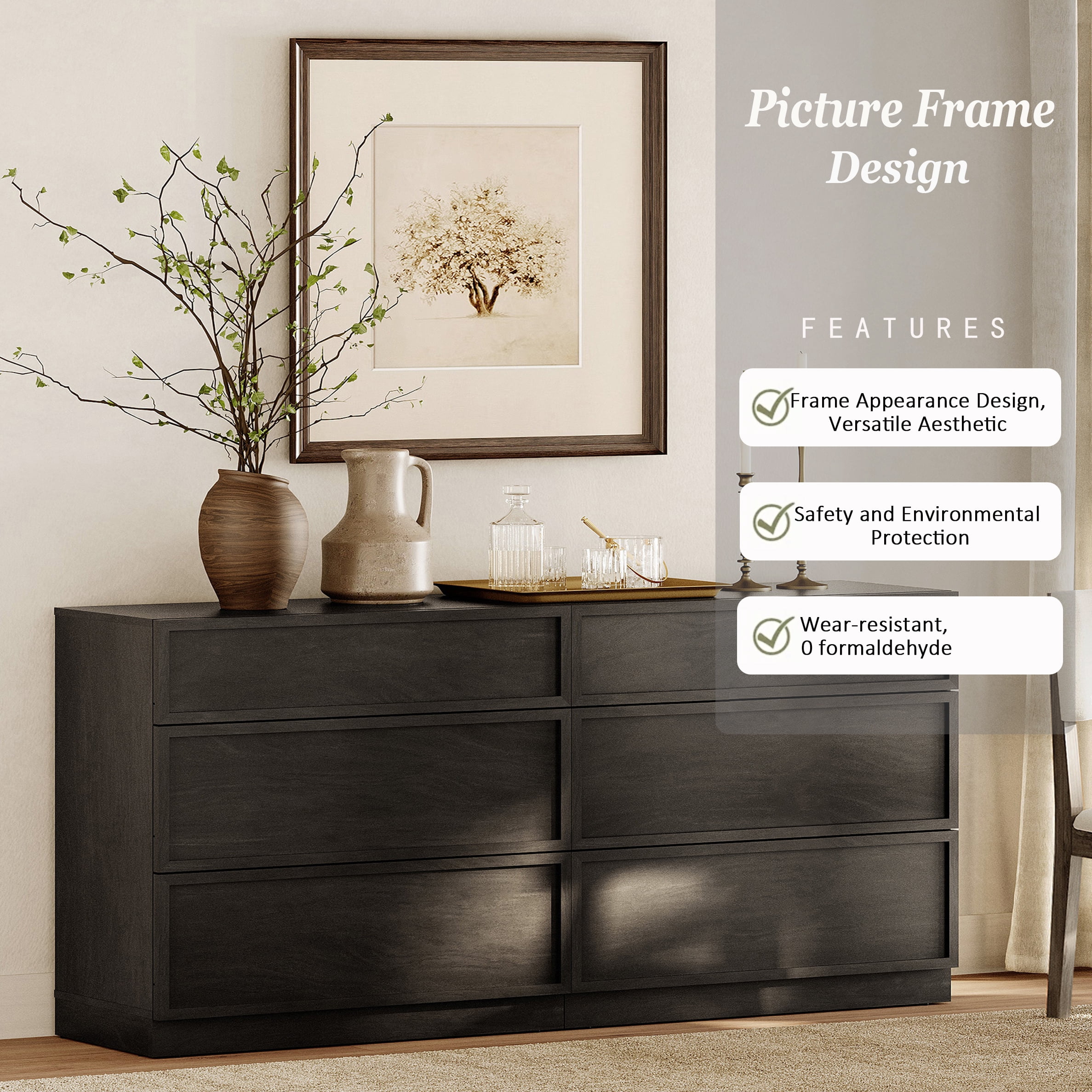 63" Modern Sideboard Buffet Cabinet with 6 Drawers, Multifunctional Sideboard with Large Storage and Adjustable Shelf