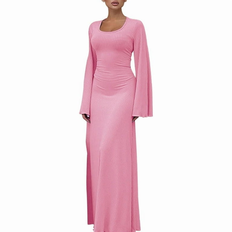pink ribbed bodycon dress Hot Pink Ribbed Bodycon Maxi Dress: Sleeveless Side Slit Summer Tank Gown