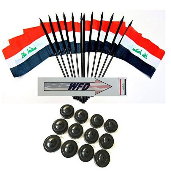 Pack of 12 4"x6" Iraq Polyester Miniature Office Desk & Little Table Flags, 1 Dozen 4"x 6" Iraqi Small Mini Handheld Waving Stick Flags with 12 Flag Bases (Flags with Stands)