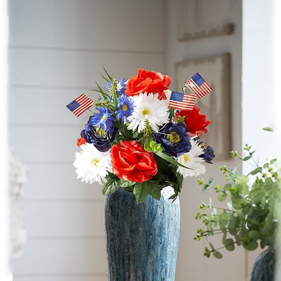 Artificial Flower Bouquet, Patriotic Independence Day 4th of July Red White and Blue Floral Arrangement with American Flags for Tabletop and Home Decor, 18.5*13.0 Inch