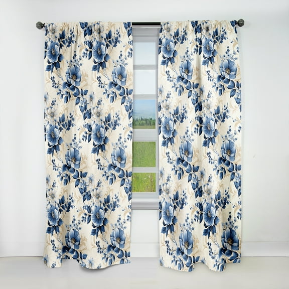Designart "Trellis Of Cobalt Blue Cameos I" Floral Blackout Curtain Single Panel