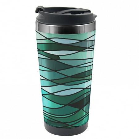 

Teal Travel Mug Mosaic Sea Waves Inspired Steel Thermal Cup 16 oz by Ambesonne
