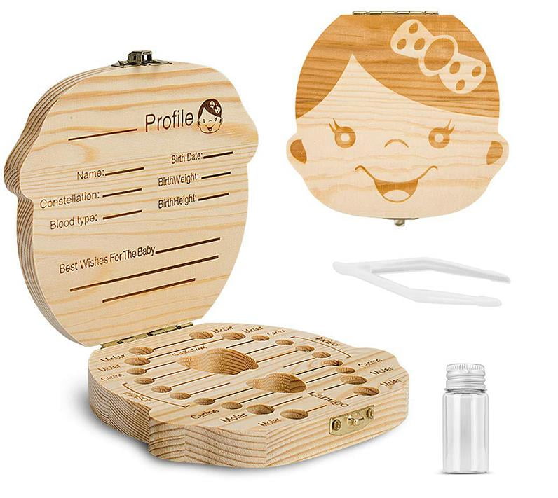 Baby Tooth Keepsake Box - Wooden Organizer For Boy With Tweezers & Bottle For Teeth, Umbilical Cord