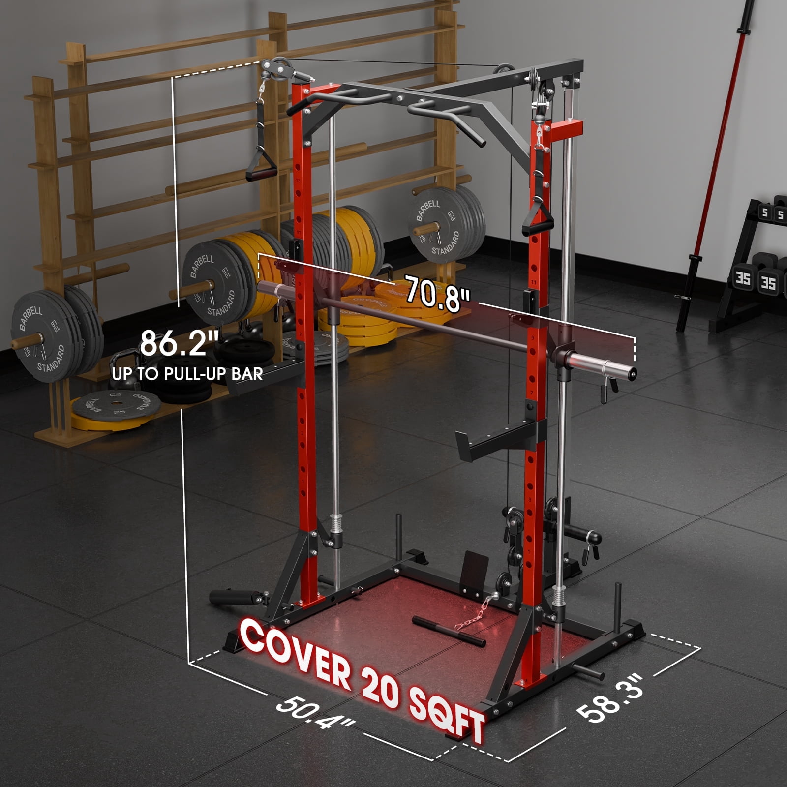 Mikolo Smith Machine Home Gym, 7-in-1 Multi-Function Squat Rack with Cable Crossover, 1000LBS Workout Station with Weight Bar and Accessories