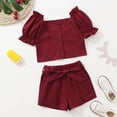thumbnail image 3 of 5Y Little Girls Clothes 6 Years Little Girls 2PCS Summer Clothing Set Off-the-shoulder Solid Color Little Girls Short Sleeve Top Short Set Red, 3 of 7
