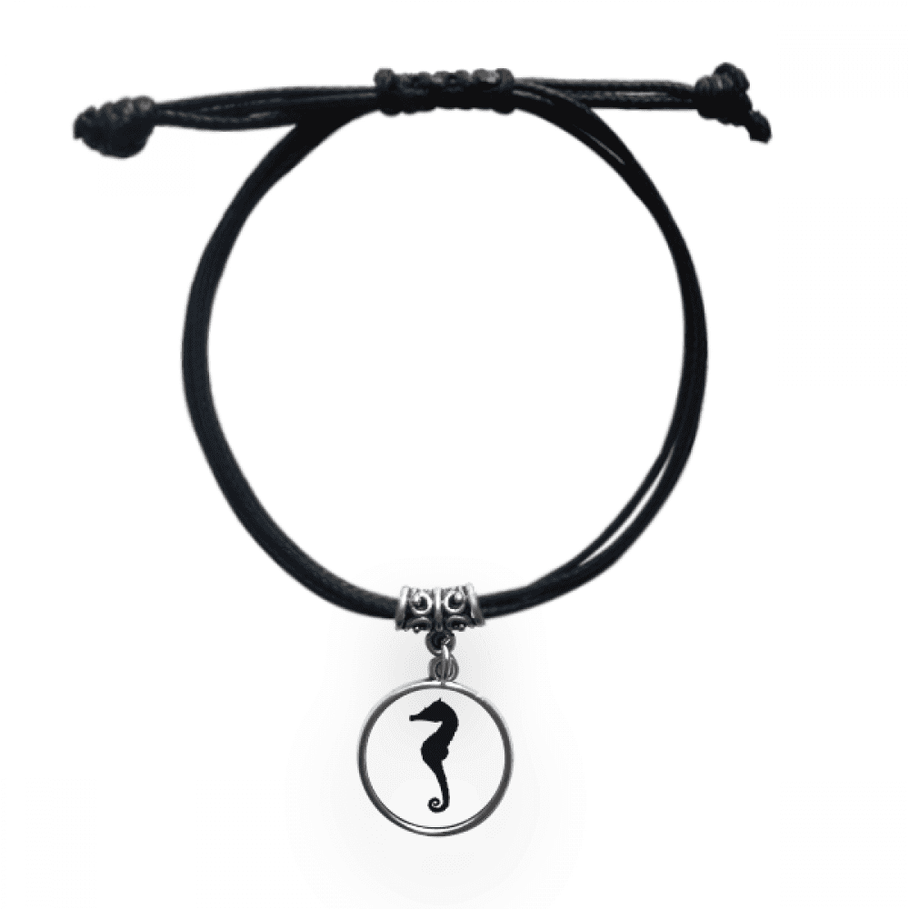 Black Hippocampus Marine Life Outline Bracelet Leather Rope Wristband