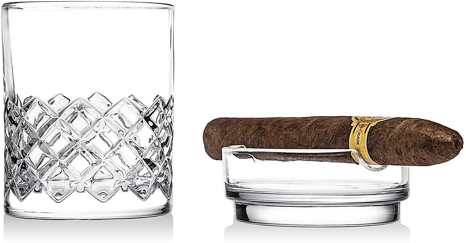 Maypes Cigar Whiskey Glass Combo - 11oz Old Fashioned Whiskey Glass with Stackable Cigar Holder and Desktop Humidor w/Hygrometer - Spanish Cedar – Exterior: Mahogany Finish – Holds 25-50 Cigars