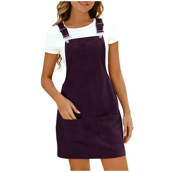 snilers Corduroy Jumper Dress for Women Square Neck Wide Strap Spring Dresses Summer Casual Bib Overall Mini Dress with Pockets S-2XL