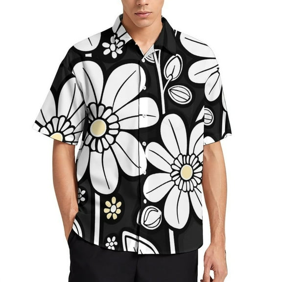 Black And White Ink Flower Men's Shirt Short Sleeves Printed Button Down Summer Shirts
