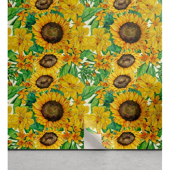 Ambesonne Nature Peel & Stick Wallpaper for Home, Sunflowers Autumn Pattern, 13"x36", Earth Yellow and Fern Green