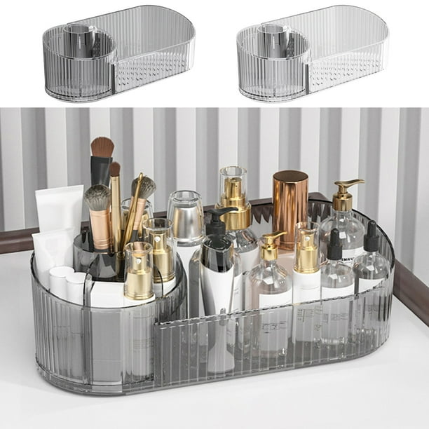 Organizador de maquillaje giratorio de 360° con compartimentos • Bandeja de plástico transparente para almacenamiento cosmético • Pincel de maquillaje y portalabios para brillo de labios