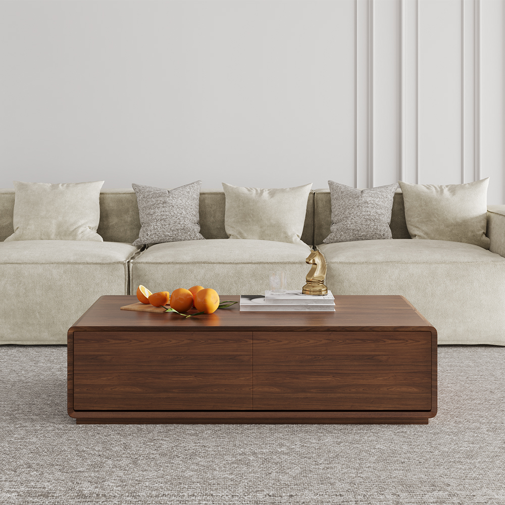 POVISON Modern Rectangular Coffee Table, Wood Coffee Table with Storage, 4 Solid Wood Drawers, Fully-Assembled, 51.18", Walnut