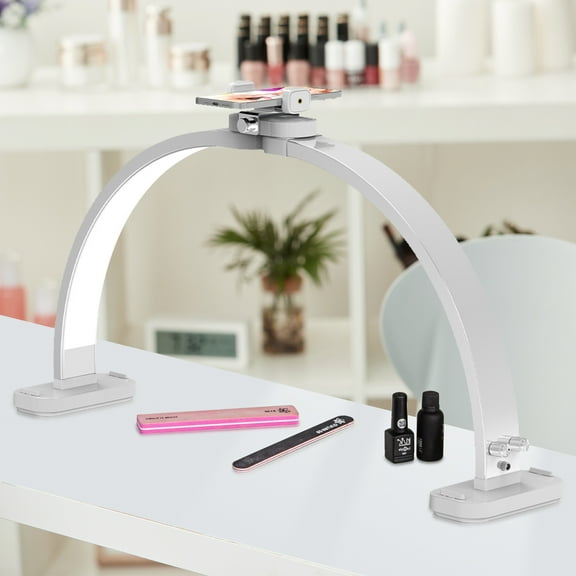 Upgraded 28-inch Foldable Half-Moon Light, Desk Lmap for Nail Desk with Phone Holder, LED Light for Manicure, Eyelash Extension, Tattooing, Craft, White