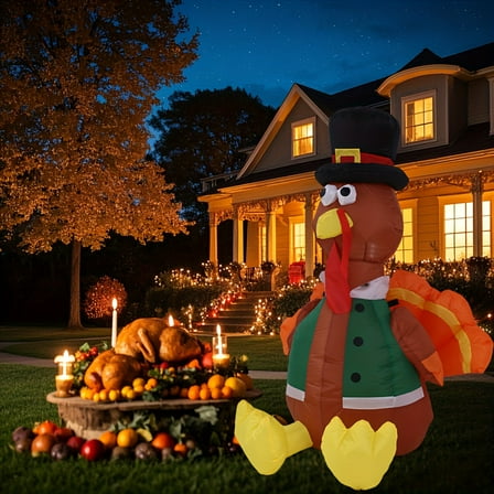 1pc 4ft Turkey Decoration with LED Lights for Thanksgiving Day, Polyester Inflatable Outdoor Holiday Decor, Freestanding Plug Powered Yard Display, 110-240V, US Plug, Thanksgiving Decorations