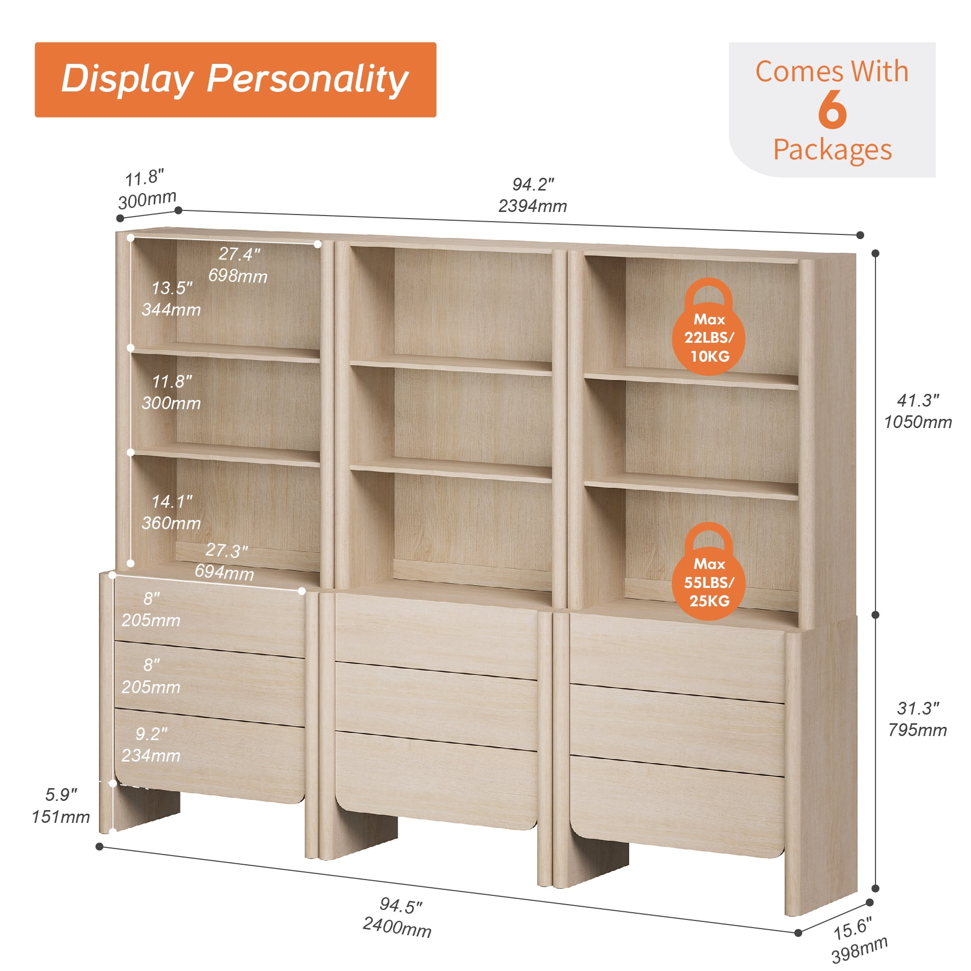 94.5-Inch Modern French Bookcase with Curved Edges, 9 Drawers and Open Shelving, 72.8" Tall, Beige