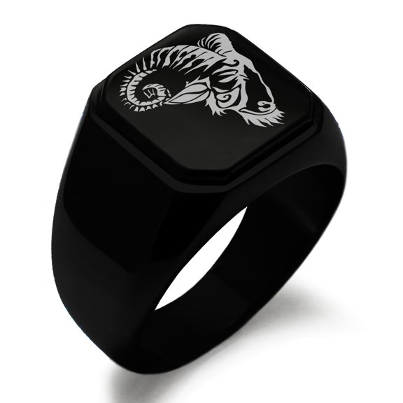 Stainless Steel Celestial Satyr Goat Engraved Square Flat Top Biker Style Polished Ring