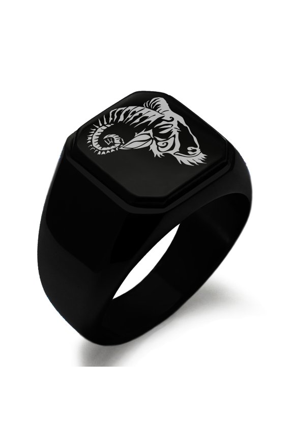 Stainless Steel Celestial Satyr Goat Engraved Square Flat Top Biker Style Polished Ring