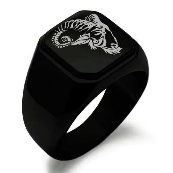Stainless Steel Celestial Satyr Goat Engraved Square Flat Top Biker Style Polished Ring
