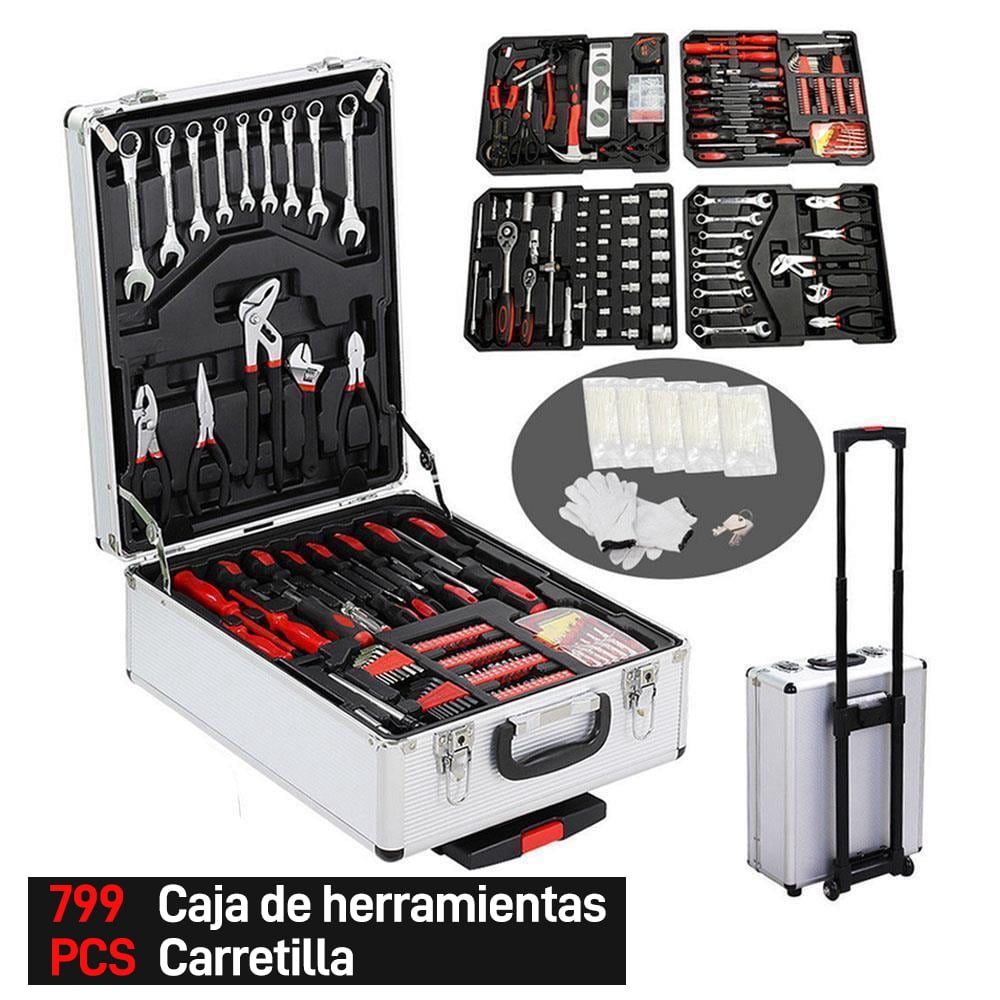 799 Pieces Complete Tool Set with Aluminum Trolley Case, Household Repair Hand Tool Kit with Wrenches Pliers Sockets Screwdrivers Pressure Gauge, Tool Storage Box for Home Workshop Garage