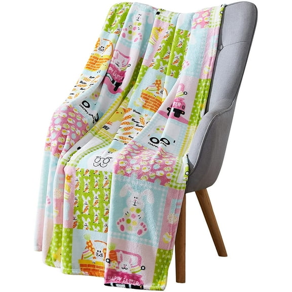 Serafina Home Easter Patch Velvet Fleece Throw Blanket: Colorful Bunny Eggs Easter Baskets Chicks Spring Fun, Accent for Couch Sofa Chair Bed or Dorm (Easter Patch)