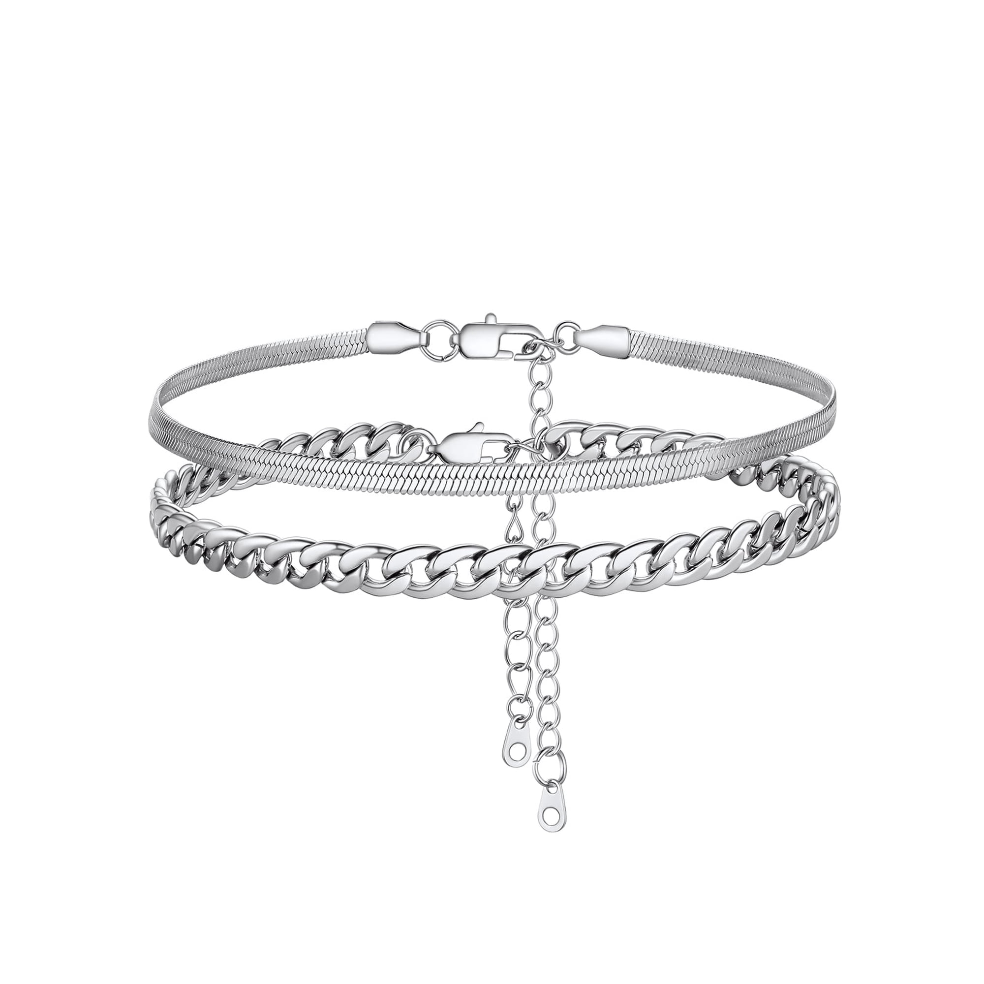 Silvora Layered Anklets for Women Silver Stainless Steel Stackable Flat Snakle Cuban Link Chain Ankle Bracelet Set Adjustable Foot Chain Waterproof Summer Beach Boho Jewelry Gifts for Mom Daughter