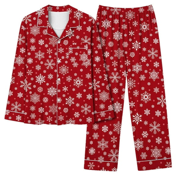 Tnhcen Festive Christmas Print Women's Pajamas Set V-Neck Long Sleeve Button-Up Top Casual Elastic Waistband Pants Soft Cozy Nightwear Lounge Wear Ensemble S-2XL