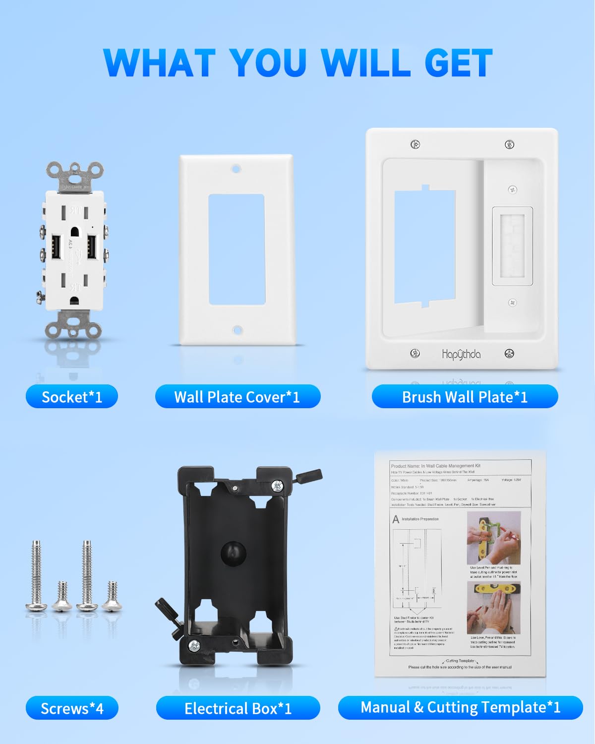 Recessed Outlet with 2 AC & 2 USB, in Wall Cable Management Kit for TV, TV Cable Hider Wall Kit, Wall Cable Management for Low Voltage, TV Cord Hider for Wall Mounted TV
