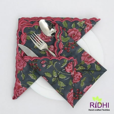 

Mink Grey Brick Pink Pear Green Indian Floral Hand Block Printed Pure Cotton Cloth Napkins 9x9 - Cocktail Napkins 20x20 - Dinner Napkins