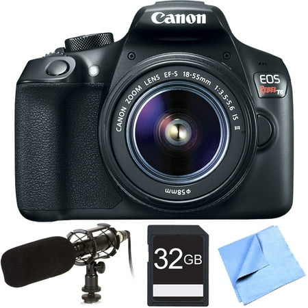Canon EOS Rebel T6 Digital SLR Camera w/ EF-S 18-55mm Lens Shotgun Microphone Bundle includes Camera, Shotgun Video Microphone Case, 32GB SDHC Memory Card and Beach Camera Cloth