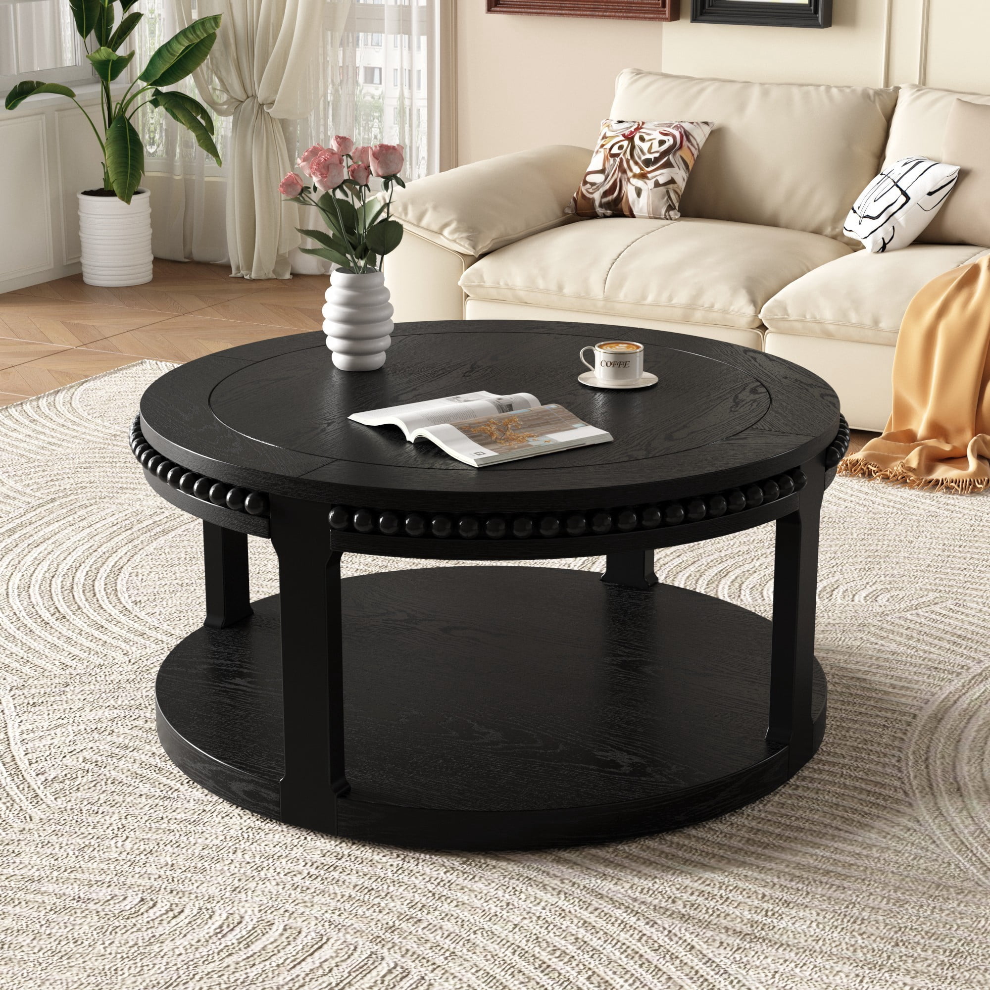 31.5" Round Solid Wood Coffee Table, 2 Tier Wood Coffee Table with Shelf, Modern Center Table for Living Room Sofa Table, Black
