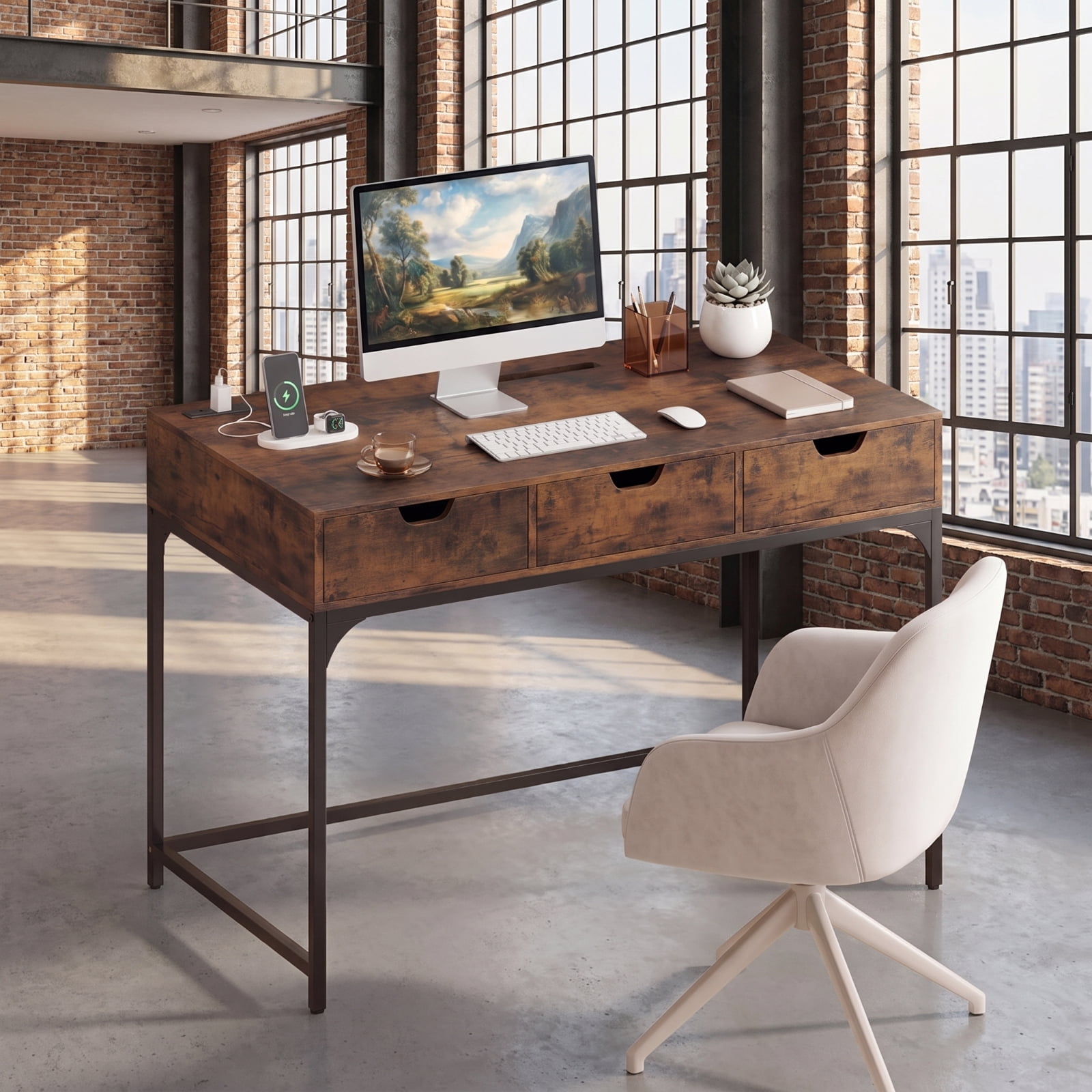 Furnibear Office Desk with Power Outlets and Hidden Compartment Drawers for Home Office Study Computer Desk with Charging Station, Rustic Brown