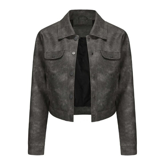 Olyvenn Women's Cropped Faux Leather Jacket Zip Up Motorcycle Jacket Moto Biker Blazer PU Short Coat Fashion Y2k Streetwear Gray 14