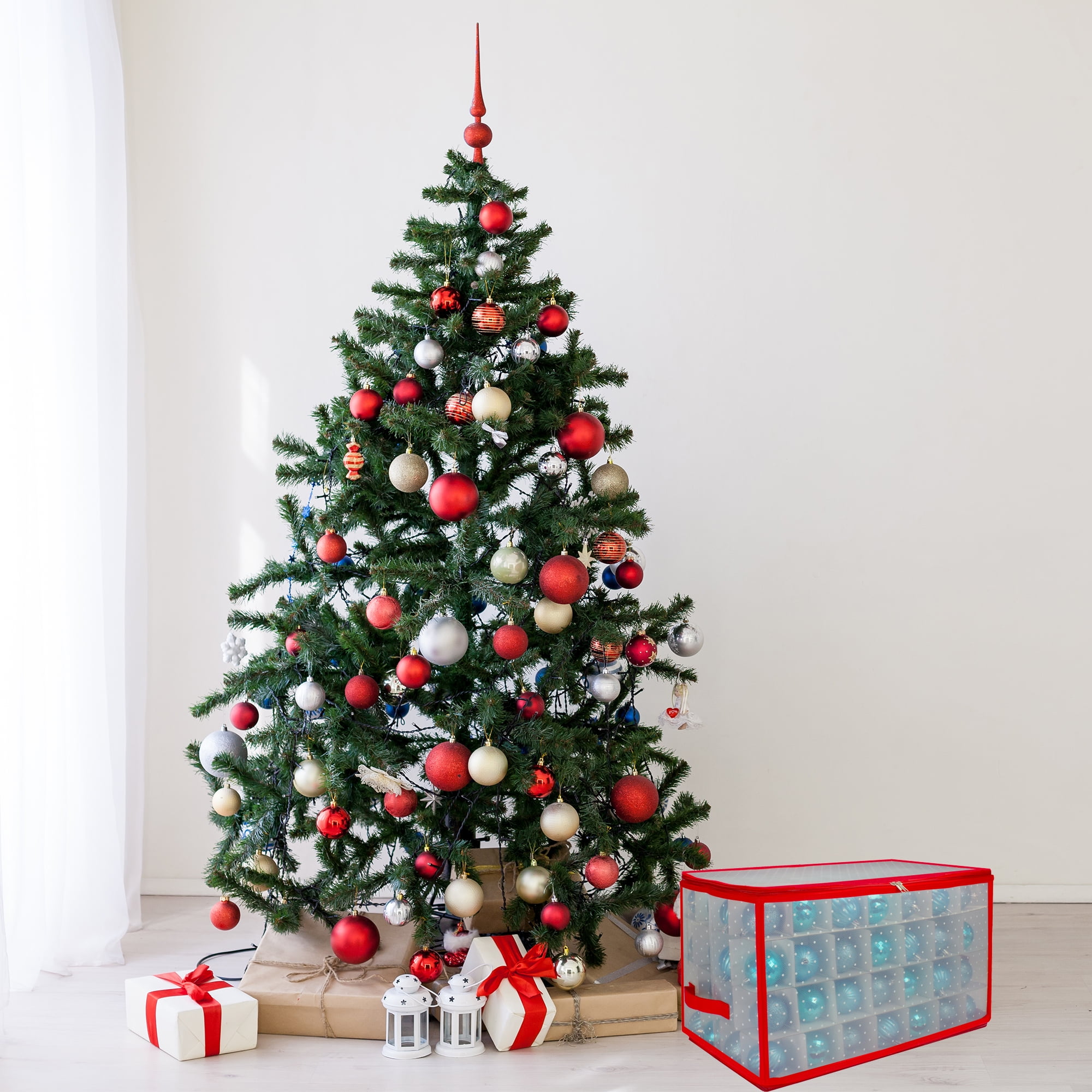 Northlight Transparent Zip Up Christmas Storage Box - 20.5" - Holds 112 Ornaments - Red and Clear