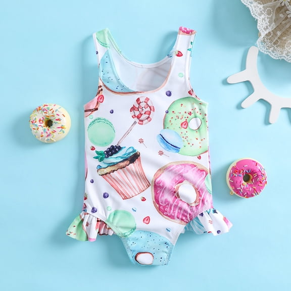 RTKFRFLM Girls Summer New Donut and Lollipop Print One-Piece Swimwear Pool Beach Outfit for Babies Ages 0-2 Cute Swim Set