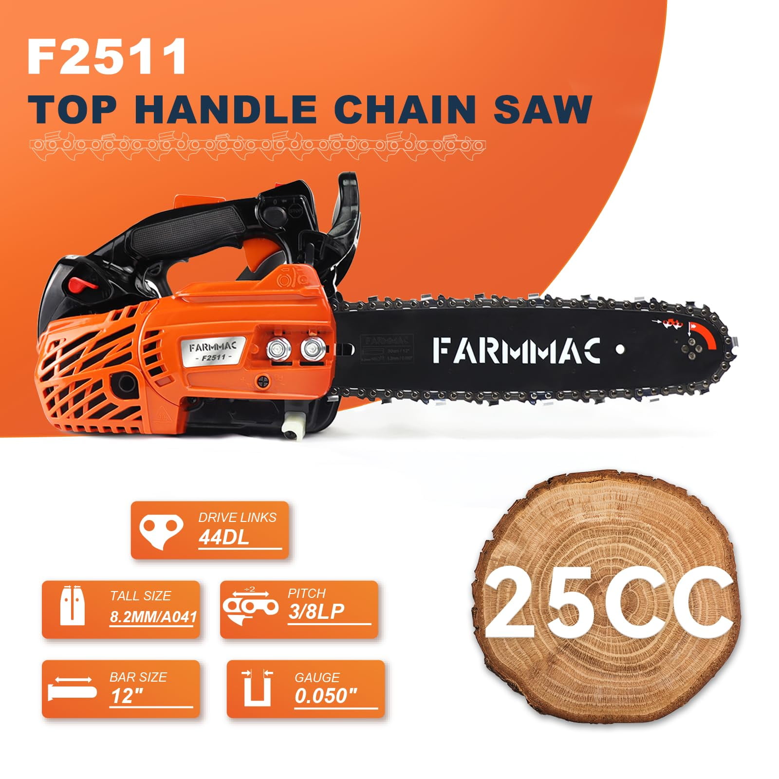 Gas Chainsaw 12'' 2-Stroke 25CC Cordless Chainsaw for Farm, Garden, Ranch, Cutting Wood/Firewood
