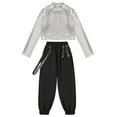 thumbnail image 3 of Alvivi Girls 2pcs Sparkle Jazz Hip Hop Dance Outfit Long Sleeve Crop Top with Cargo Pants Set Silver 16, 3 of 5
