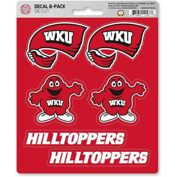 Western Kentucky University Hilltoppers 6-Piece Decal Sticker Set, 5x6 Inch Sheet, Gift for football fans for any hard surfaces around home, automotive, personal items