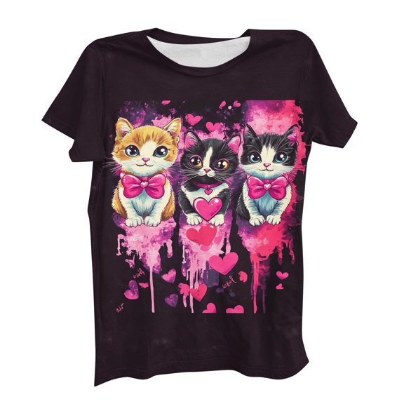 2026 Valentines Heart & Kitten Print Women's Round Neck Short Sleeve Top Cuddly Cute Outfits Whisker-kiss Romance Tees Purr-fect Affection Clothing Love Tees Romance Heart Daily Tee Tops